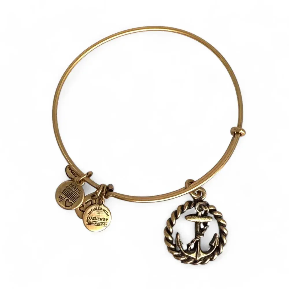 Alex and Ani Anchor and Rope Gold Tone Bangle Bracelet Nautical